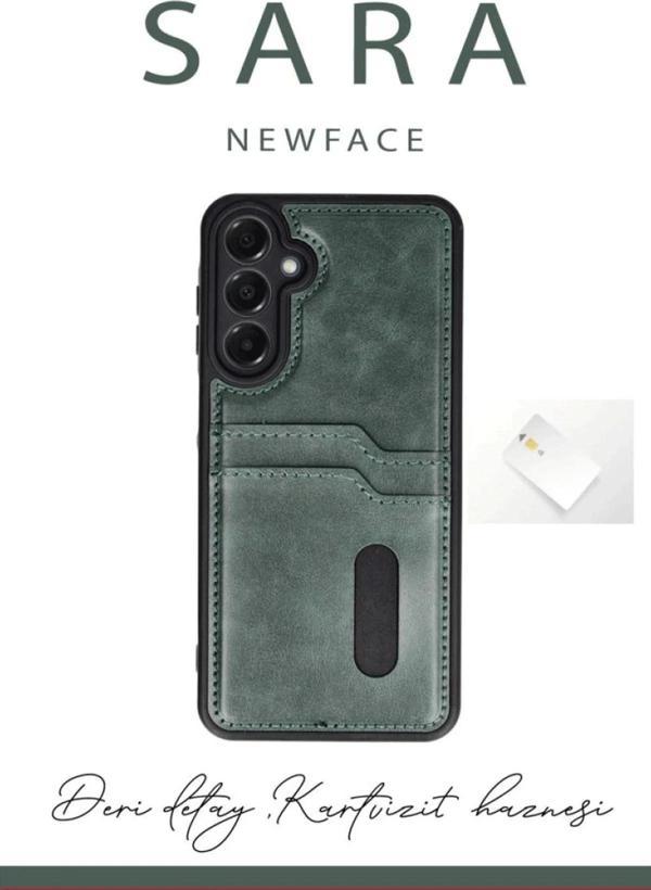 Samsung Galaxy A16 5G Kılıf Sara Kartvizitli Deri Kılıf - Koyu Yeşil - Image 1