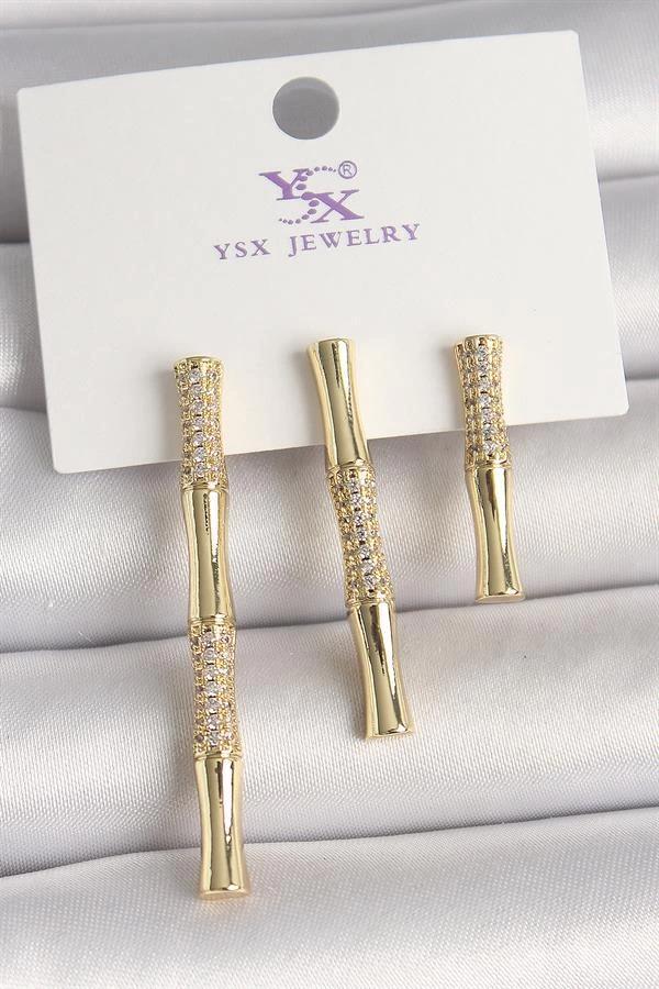 Pirinç Gold Renk Zirkon Taşlı Bambu Model 3'Lü Kadın Kombin Küpe - Image 1