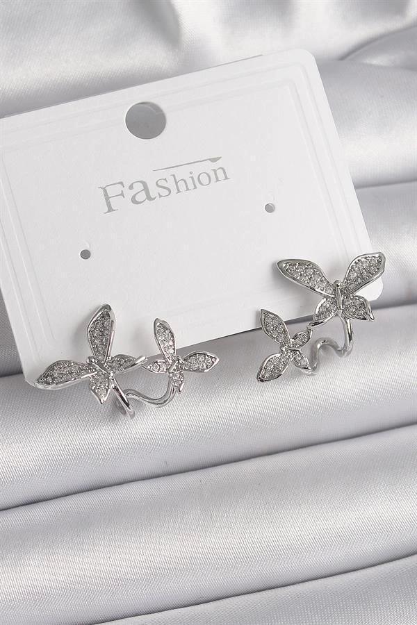 Pirinç Gümüş Renk Zirkon Taşlı Kelebek Model Kadın Küpe - Image 1