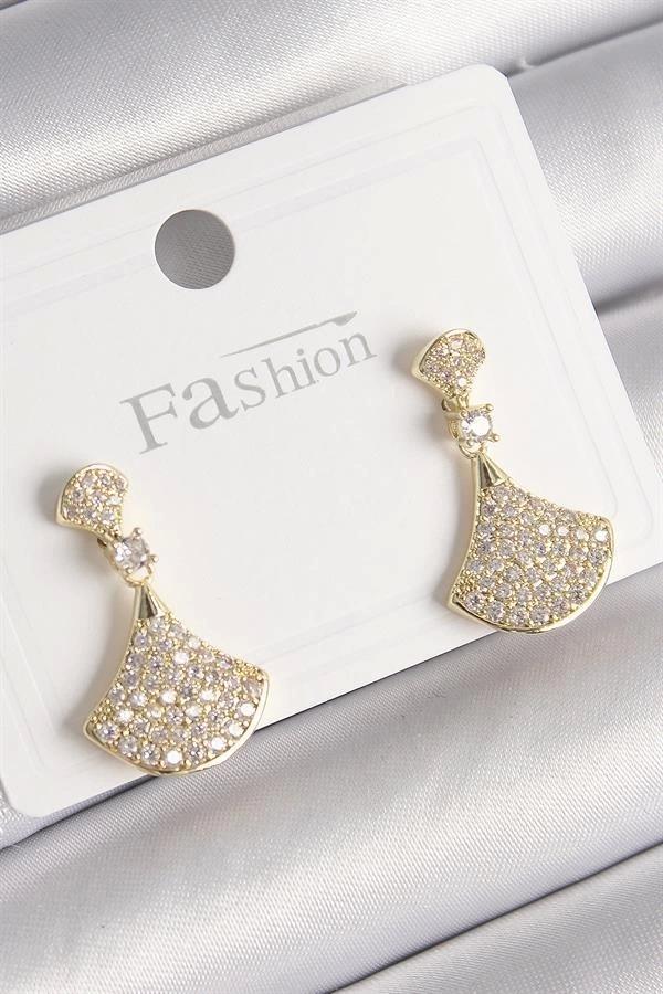 Pirinç Gold Renk Zirkon Taşlı Motif Model Kadın Küpe - Image 1