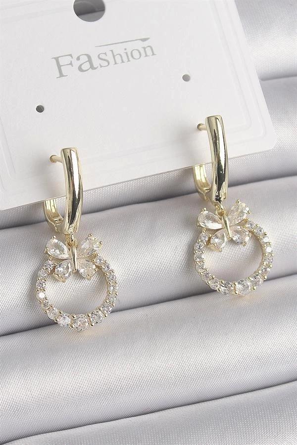 Pirinç Gold Renk Zirkon Taşlı Kelebek Figür Sallantı Model Kadın Küpe - Image 1