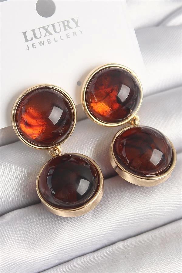 Pirinç Gold Renk Sallantı Kaplan Gözü Model Kadın Küpe - Image 1