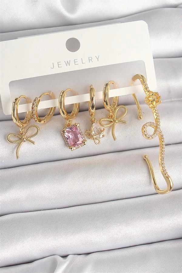 Pirinç Gold Renk Sallantı Kurdele Model Pembe Kare Zirkon Taşlı Kadın Küpe Seti - Image 1