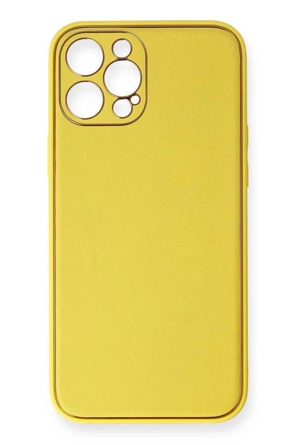 iPhone 12 Pro Max Kılıf Coco Deri Silikon Kapak - Sarı - Image 1