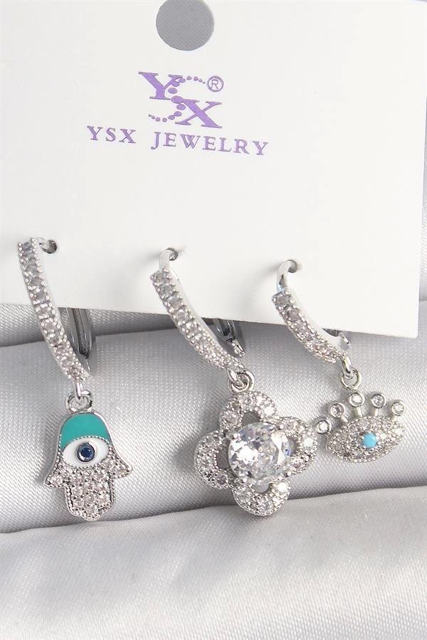 Pirinç Gümüş Renk Zirkon Taşlı Fatma Ana Yonca Figür Göz Detay 3'Lü Kadın Kombin Küpe - Image 1