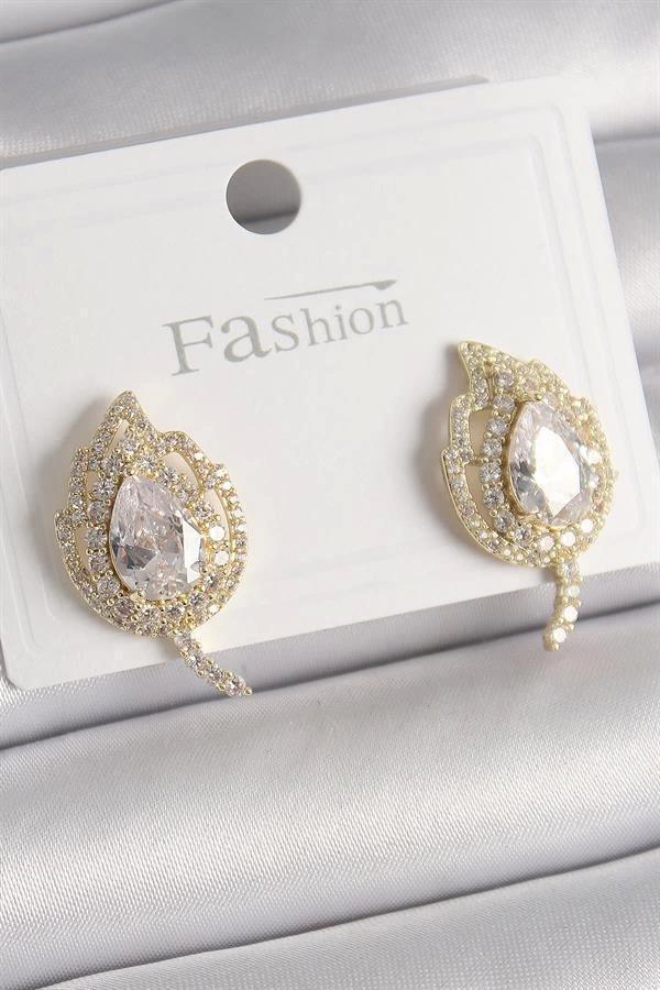 Pirinç Gold Renk Zirkon Taşlı Yaprak Model Kadın Küpe - Image 1