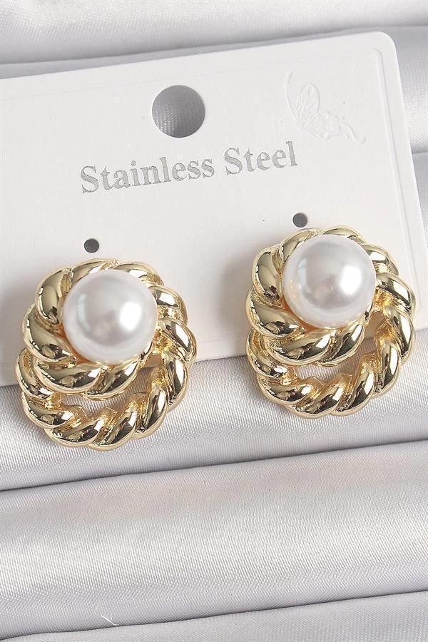 Pirinç Gold Renk İncili Sarmal Burgu Model Kadın Küpe - Image 1