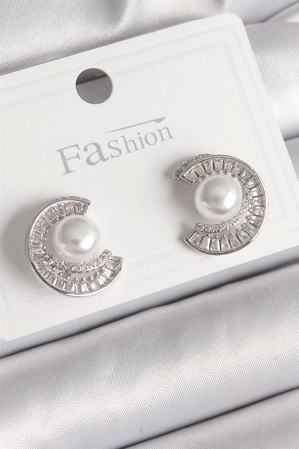 Pirinç Gümüş Renk Zirkon Taşlı Salyangoz Model İnci Detay Kadın Küpe - Image 1