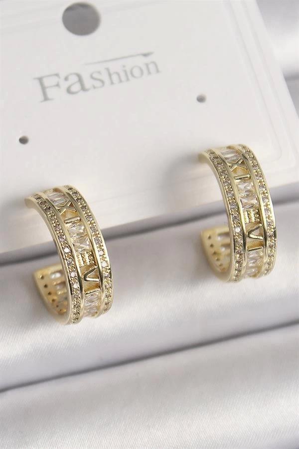 Pirinç Gold Renk Zirkon Taşlı İşleme Detay Halka Model Kadın Küpe - Image 1