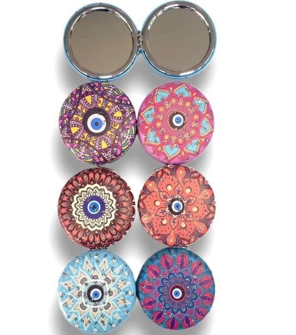 Otantik Mandala Tasarımlı Nazar Boncuklu Büyüteçli Kozmetik Yuvarlak Cep Çanta Aynası Kapaklı El Makyaj Aynası 7CM - Image 1