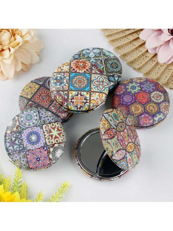 Otantik Mandala Tasarımlı Kozmetik Yuvarlak Cep Çanta Aynası Kapaklı El Makyaj Aynası 7CM  - Image 1