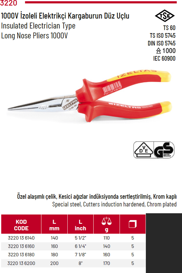 İzeltaş 1000V izoleli Elektrikçi Kargaburun Diz Uclu  160 mm - Image 1