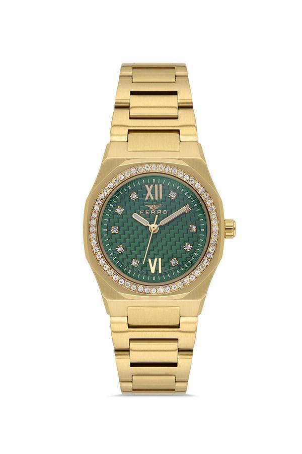 Ferro FL21616AWT-B6 Quartz Çelik Altın Rengi Yeşil Kadran 27 mm Kadın Kol Saati - Image 1
