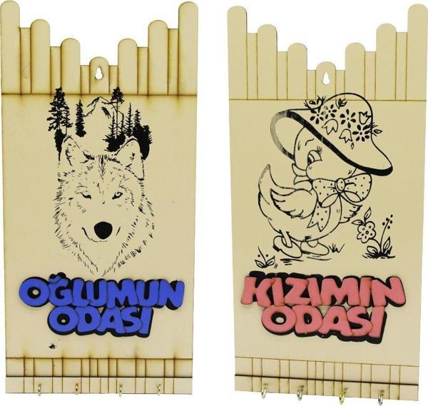 KIZ - ERKEK ÇOCUK FİGÜRLÜ (OĞLUMUN-KIZIMIN ODASI YAZILI AHŞAP ANAHTARLIK-Findit - Image 1