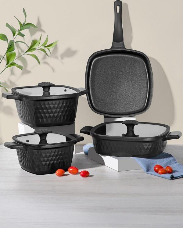 Nehir Royal Elite Square Siyah Alüminyum Döküm 7 Parça Tencere Set - Image 1