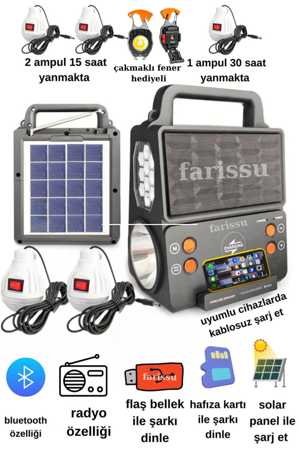 RT-913 Solar Şarjlı Aydınlatma ve Müzik Seti çakmaklı çok foksiyonlu fener hediyeli - Image 1