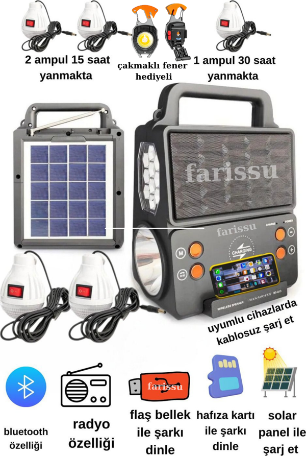 RT-913 Solar Şarjlı Aydınlatma ve Müzik Seti çakmaklı çok foksiyonlu fener hediyeli - Image 1