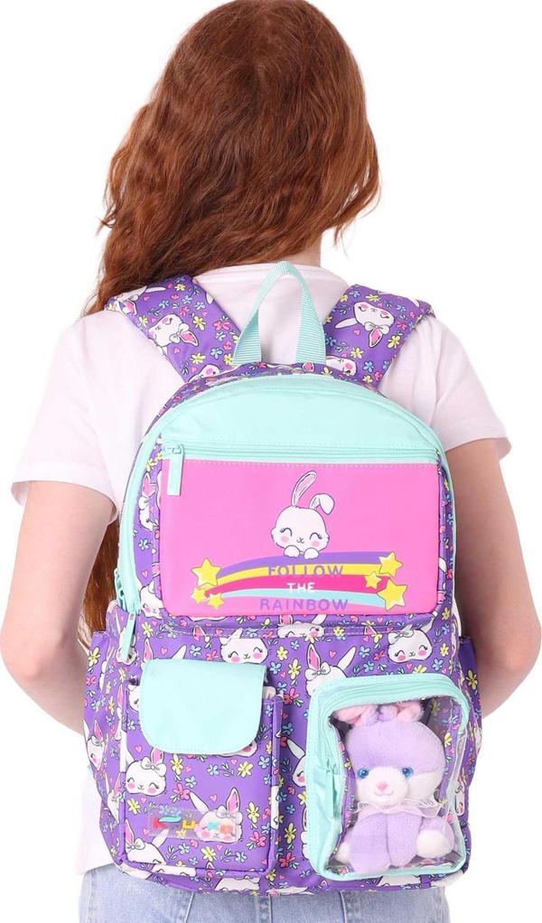 Elatae Su Geçirmez Kumaş Kız Çocuk Çok Gözlü Ortopedik Sırt Okul Çantası L5242 - Image 1