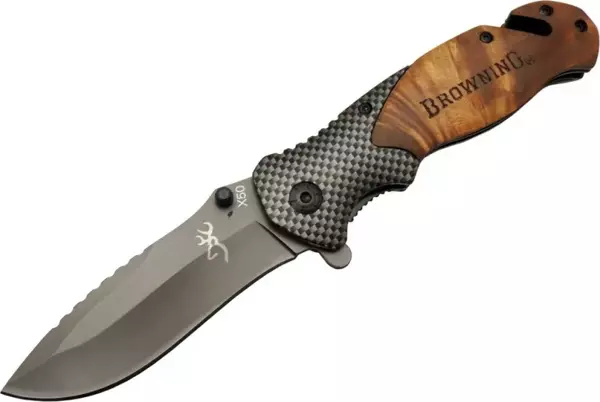 Browning X50 Kahverengi Kurtarma / Kamp Çakısı 20,5cm- Yarı Otomatik, Kemerlikli, Ahşap Sap, Cam Kırma ve İp Kesme Apara - Image 1