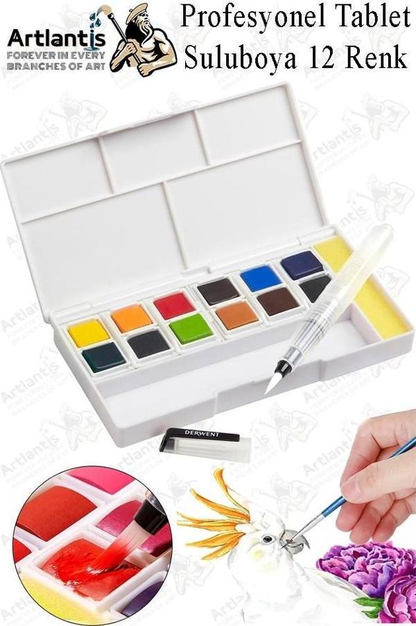 Tablet Sulu Boya 12 Renk Plastik Kutu 1 Paket Monalisa 12 li Taş Sulu Boya Tablet Suluboya Resim Hobi Sanat - Image 1