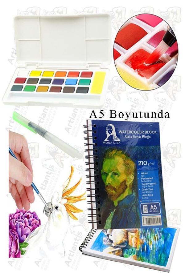 18 Renk Tablet Sulu Boya ve A5 Telli Suluboya Bloğu Kağıdı A5 210gr 20 Yaprak İnce Dokulu Taş Suluboya Plastik Kutulu - Image 1