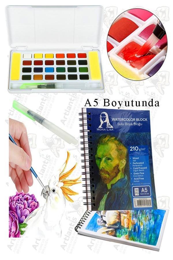 24 Renk Tablet Sulu Boya ve A5 Telli Suluboya Bloğu Kağıdı A5 210gr 20 Yaprak İnce Dokulu Taş Suluboya Plastik Kutulu - Image 1