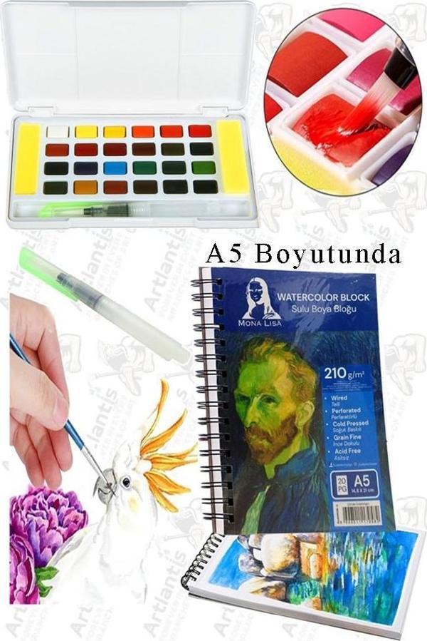 24 Renk Tablet Sulu Boya ve A5 Telli Suluboya Bloğu Kağıdı A5 210gr 20 Yaprak İnce Dokulu Taş Suluboya Plastik Kutulu - Image 1