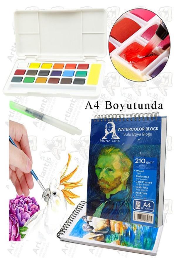 18 Renk Tablet Sulu Boya ve A4 Telli Suluboya Bloğu Kağıdı A4 210gr 20 Yaprak İnce Dokulu Taş Suluboya Plastik Kutulu - Image 1