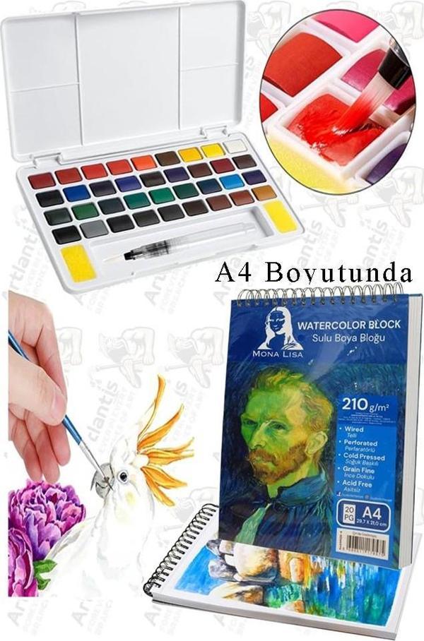 36 Renk Tablet Sulu Boya ve A4 Telli Suluboya Bloğu Kağıdı A4 210gr 20 Yaprak İnce Dokulu Taş Suluboya Plastik Kutulu - Image 1