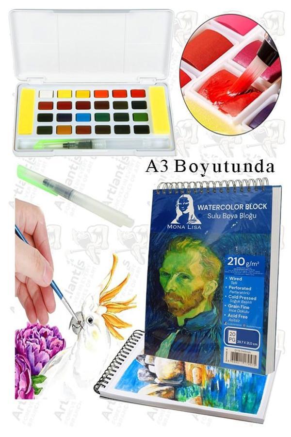 24 Renk Tablet Sulu Boya ve A3 Telli Suluboya Bloğu Kağıdı A3 210gr 20 Yaprak İnce Dokulu Taş Suluboya Plastik Kutulu - Image 1