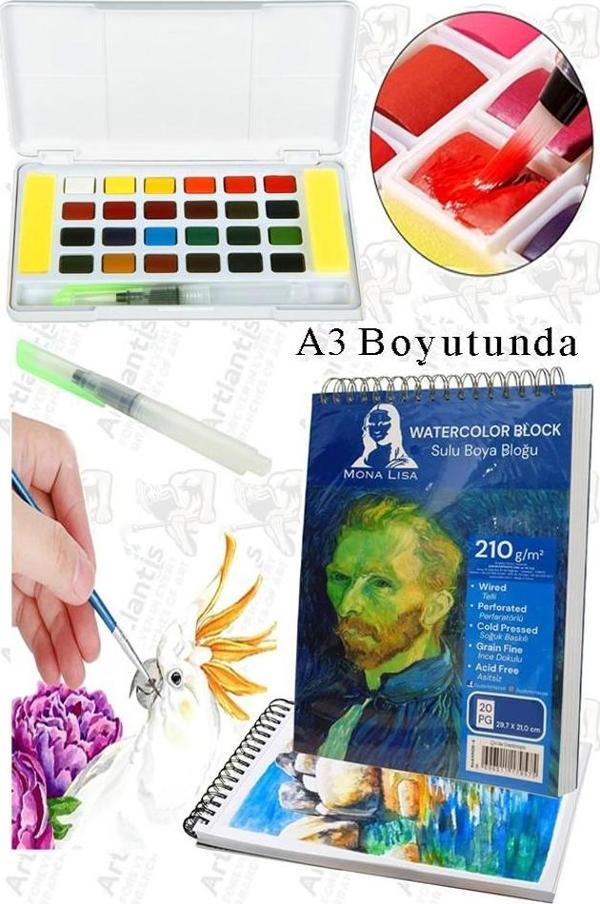 24 Renk Tablet Sulu Boya ve A3 Telli Suluboya Bloğu Kağıdı A3 210gr 20 Yaprak İnce Dokulu Taş Suluboya Plastik Kutulu - Image 1