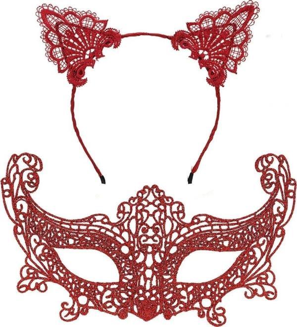 Nessiworld Romantik Kırmızı Dantel Maske Seti – Kedi Kulaklı Taç ve Maske 3 No - Image 1