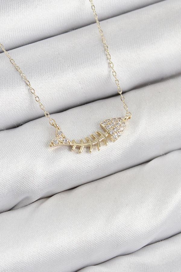 Celira Pirinç Zirkon Taşlı Balık Kılçığı Model Gold Renk Kadın Kolye - Image 1