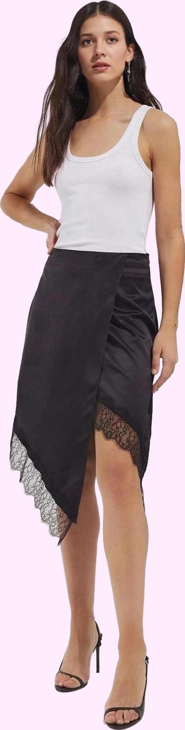 Kadın Midi Boy Saten Etek Dantel Detaylı Anvelop Kesim Parti Günlük Kullanım Modern Tasarım - Image 1