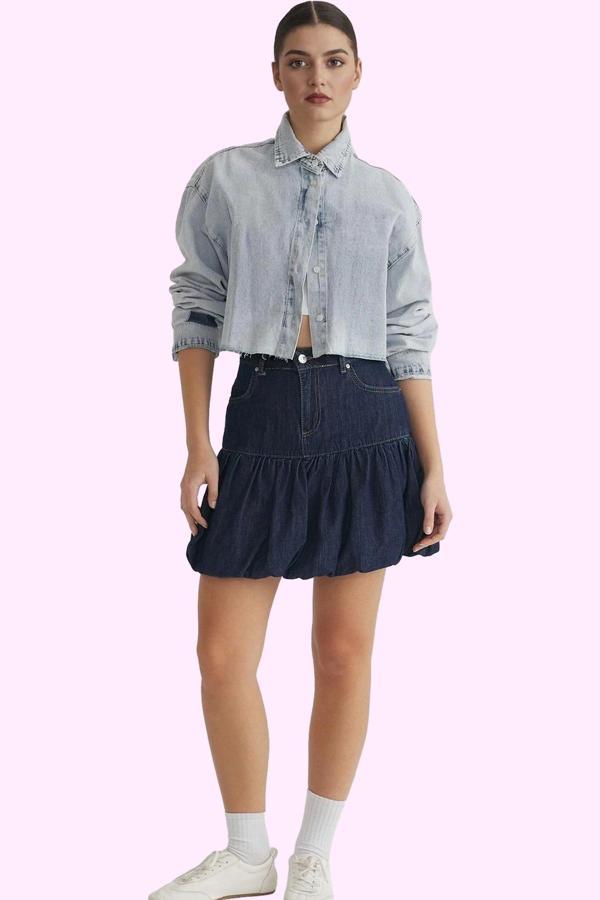Kadın Balon Denim Mini Etek Pamuk Yaz Aylarının Vazgeçilmezi Günlük Kullanım Modern Tasarım - Image 1