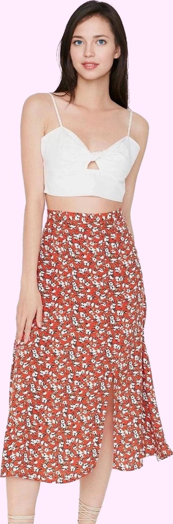 Kadın Çiçek Desenli Midi Etek Yüksek Bel A line Kesim Viskoz Günlük Stil Dayanıklı Malzeme - Image 1