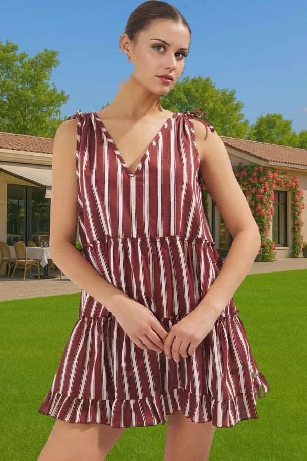 Yazlık Çizgili Mini Elbise %100 Pamuklu V Yaka Plaj Elbisesi Profesyonel Görünüm Uzun Ömürlü - Image 1