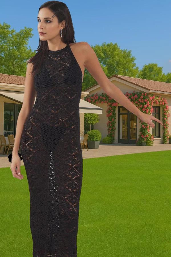 Kadın Maxi Boy Triko Plaj Elbise Halter Yaka Yazlık Şık Modern Stil Dayanıklı Malzeme - Image 1