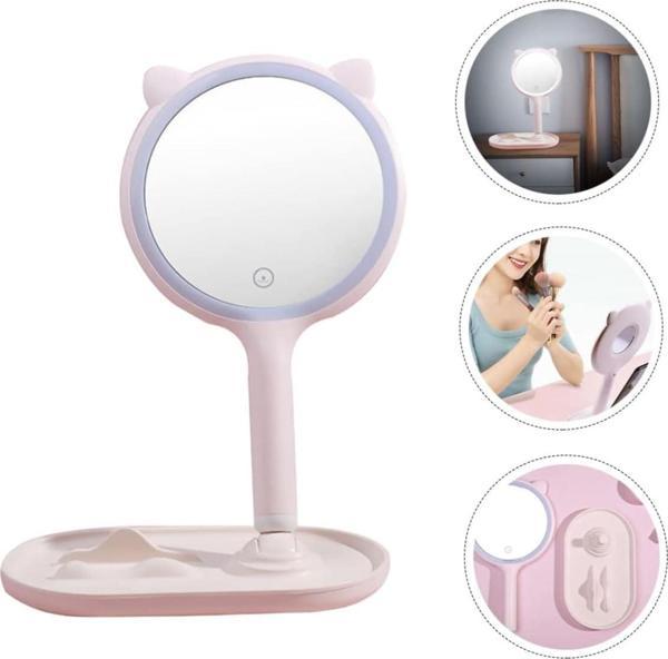 Kedi Kulaklı LED Işıklı Dokunmatik Masa Üstü Makyaj Aynası ve Telefon Standı - Image 1