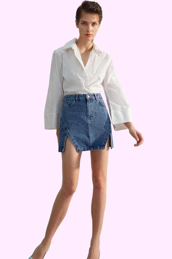 Kadın Denim Mini Etek A line Kalıp Yırtmaçlı Pamuklu Günlük Stil Yaz Aylarının Vazgeçilmezi - Image 1