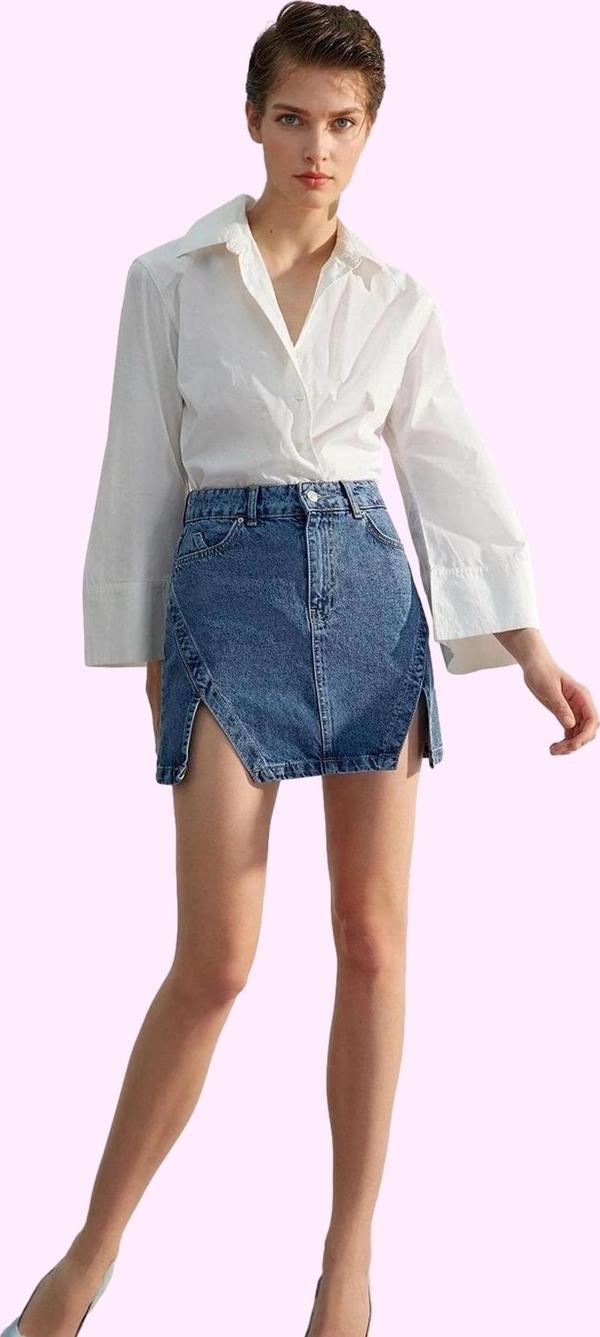 Kadın Denim Mini Etek A line Kalıp Yırtmaçlı Pamuklu Günlük Stil Yaz Aylarının Vazgeçilmezi - Image 1