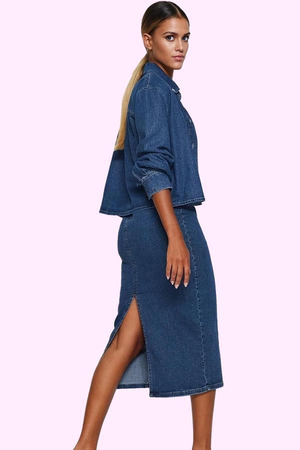 Kadın Denim Kalem Etek Kemerli Midi Boy Günlük Stil Özel Günler Yaz Aylarının Vazgeçilmezi - Image 1