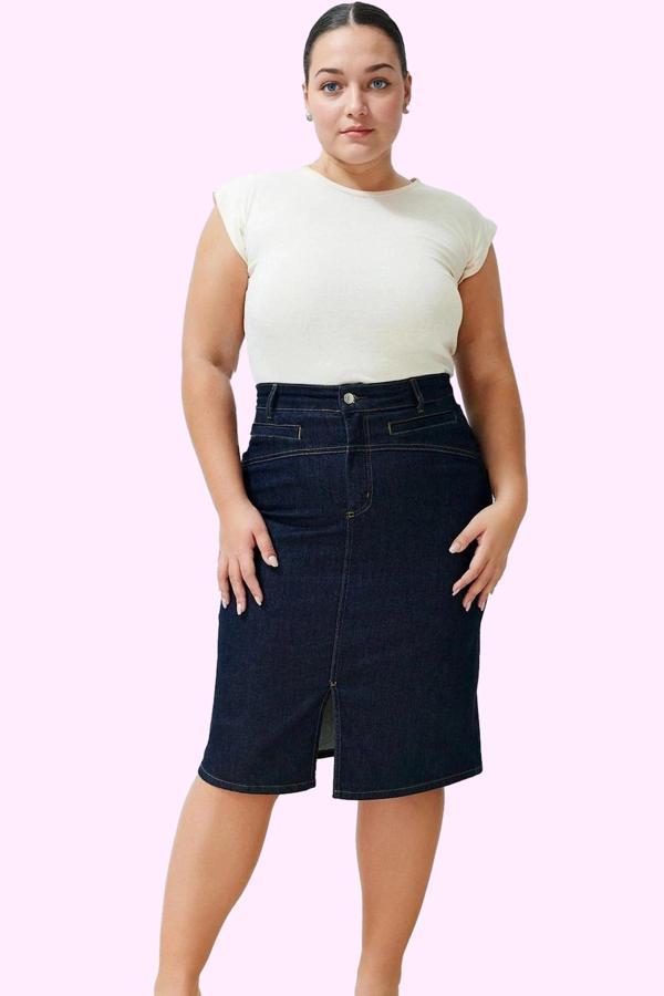 Kadın Kalem Denim Midi Etek Yüksek Bel Cepsiz Kemersiz Günlük Şık Yaz Aylarının Vazgeçilmezi - Image 1