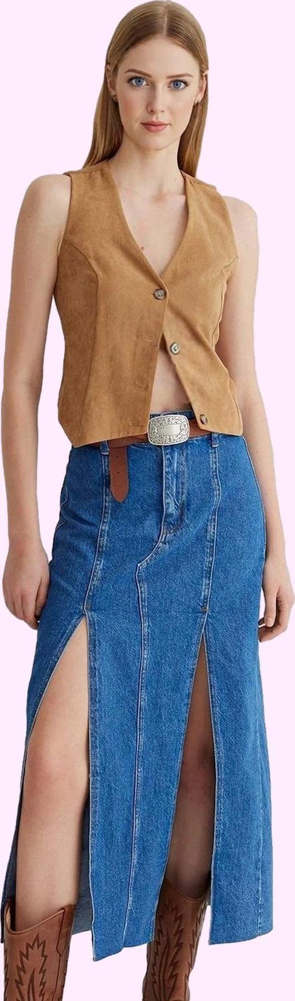 Kadın Denim Midi Etek Yüksek Bel Kalem Kalıp Pamuklu Günlük Stil Yaz Aylarının Vazgeçilmezi - Image 1