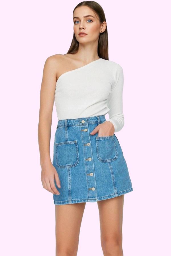 Kadın Denim Mini Etek Yüksek Bel Pamuk Günlük Kombinler Hafta Sonu Yaz Aylarının Vazgeçilmezi - Image 1