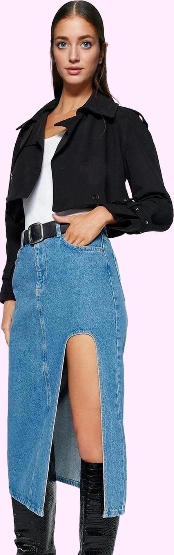 Kadın Midi Boy Denim Etek Yırtmaçlı Kalem Kalıp Pamuklu Günlük Şıklık Yaz Aylarının Vazgeçilmezi - Image 1