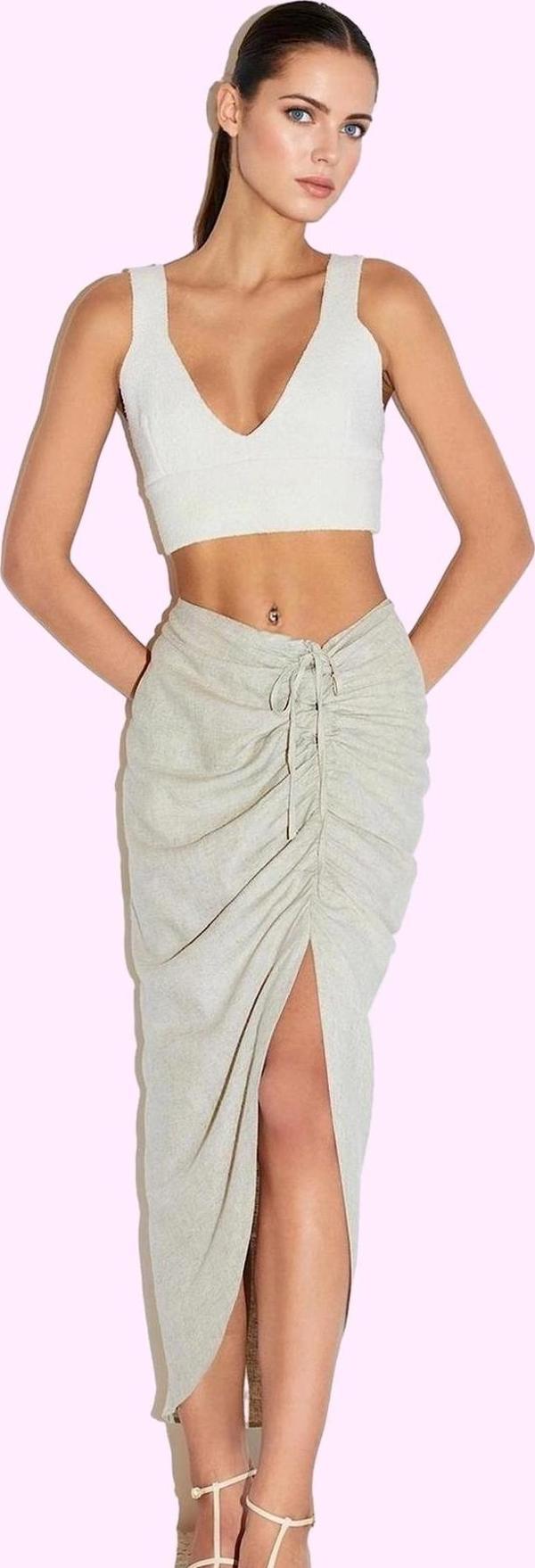 Kadın Asimetrik Midi Etek Keten Karışımlı Dokuma Yazlık Günlük Hafta Sonu Kaliteli Malzeme - Image 1