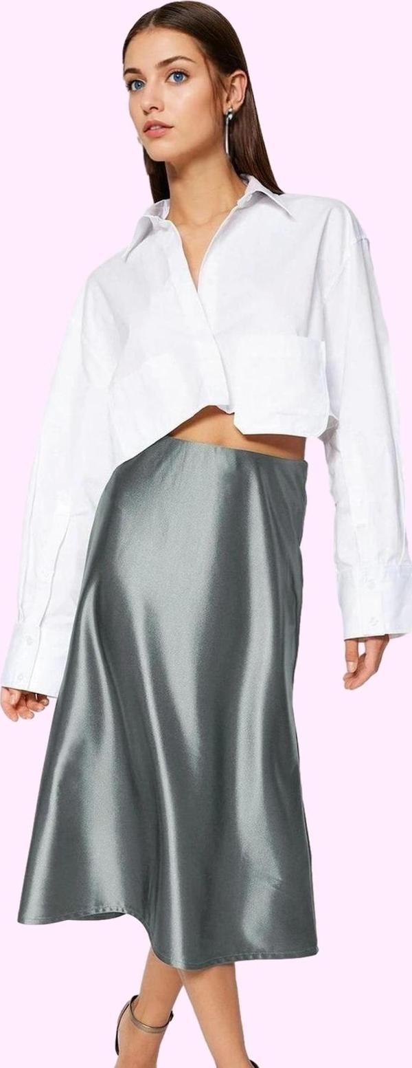 Kadın Midi Boy Saten Etek A Kesim Beli Lastikli Şık Günlük Hafta Sonu Yaz Aylarının Vazgeçilmezi - Image 1