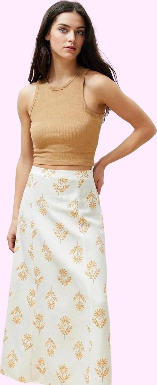 Kadın Çiçek Desenli A Line Midi Etek Keten Karışımlı Rahat Günlük Yaz Stilin Buluştuğu Yer - Image 1