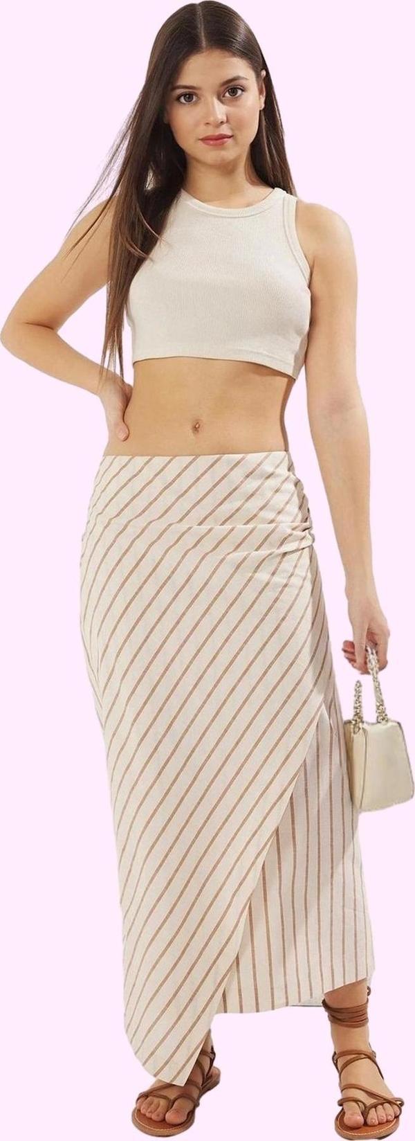Kadın Midi Boy Sarong Etek Keten Görünümlü Çizgili Pamuklu Yazlık Günlük Dayanıklı Malzeme - Image 1